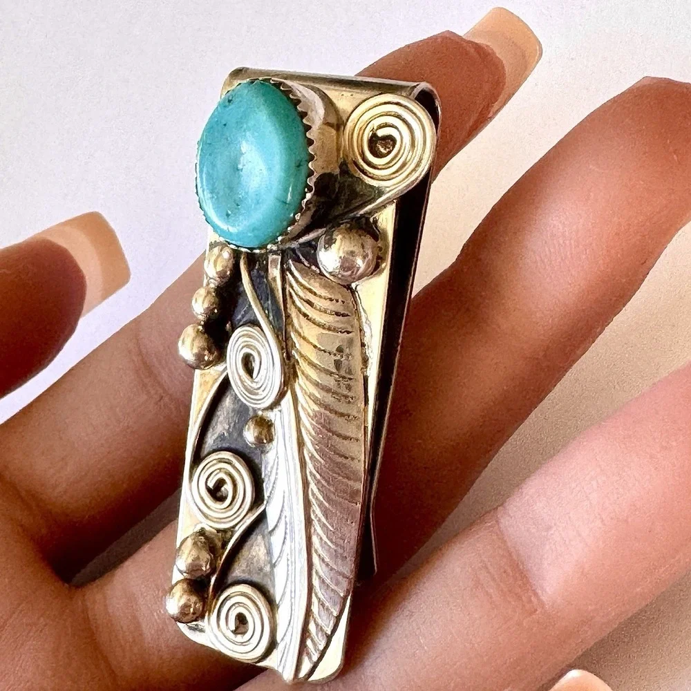 Navajo Natural Turquoise Money Clip Silver 2in Mens Gift Handmade Sally Arviso